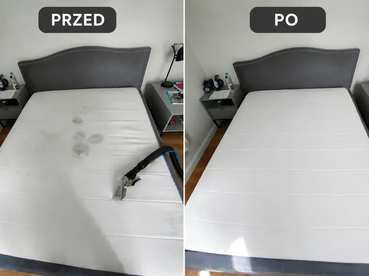 Materac z widocznymi śladami zabrudzeń przed i po praniu